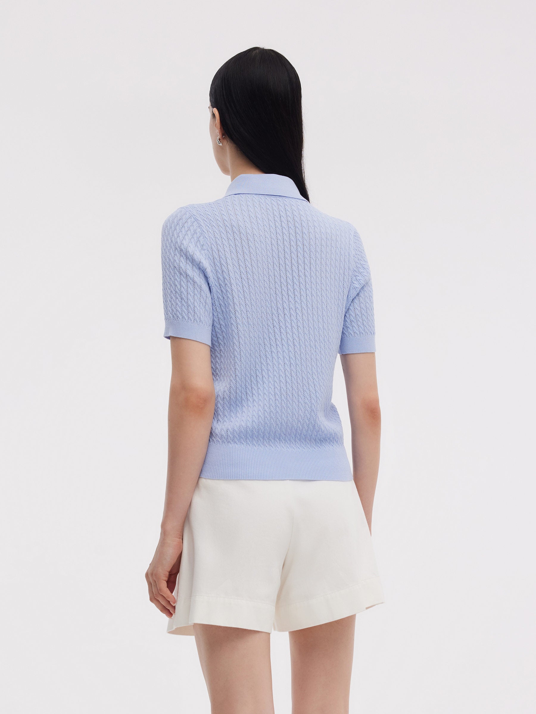Tencel Karışımlı Ajurlu Kadın Örgü Polo Üst