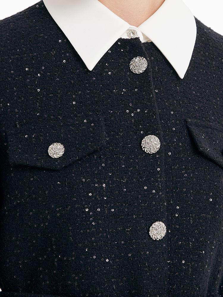 Çıkarılabilir Yaka Detaylı Tweed Bel Vurgulu Yünlü Elbise