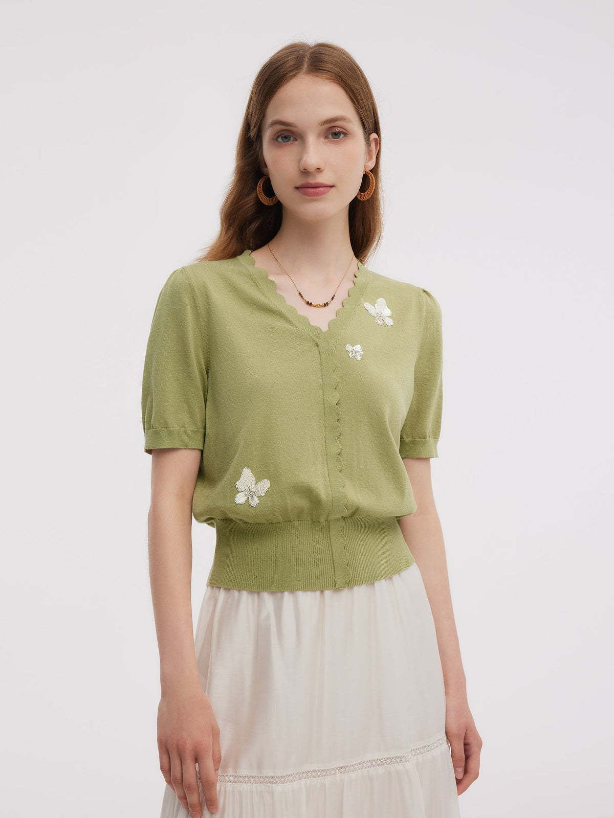 Tencel Karışımlı Kelebek İşlemeli Kadın Örgü Üst
