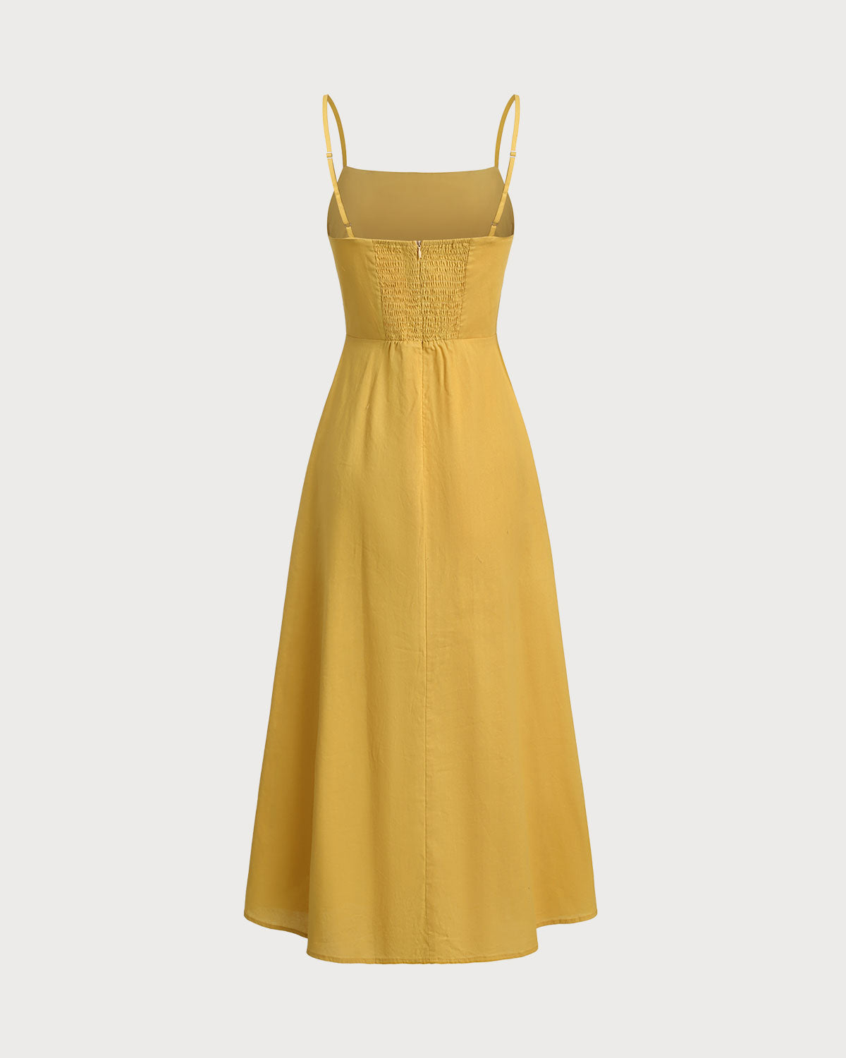 Sueña™ Sarı Kare Yaka Büzgülü Slip Midi Elbise
