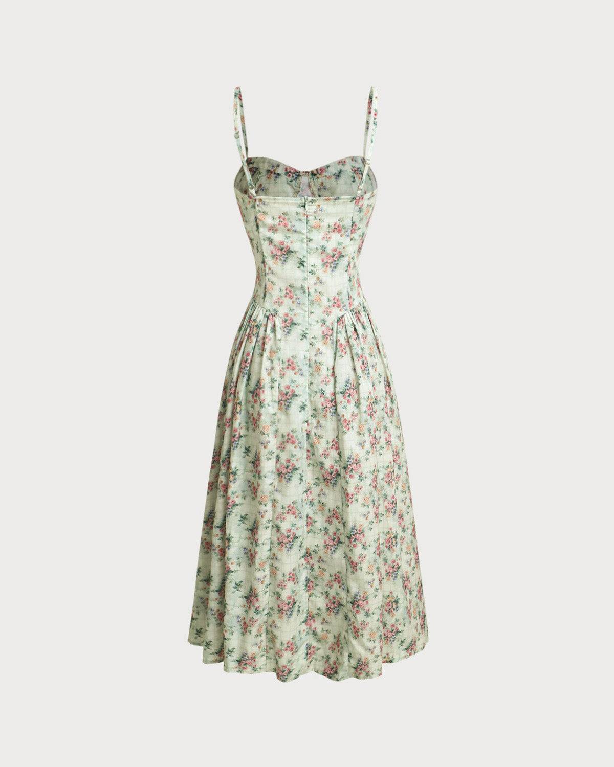 Sueña™ Yeşil Çiçekli Kalp Yaka Pileli Slip Midi Elbise