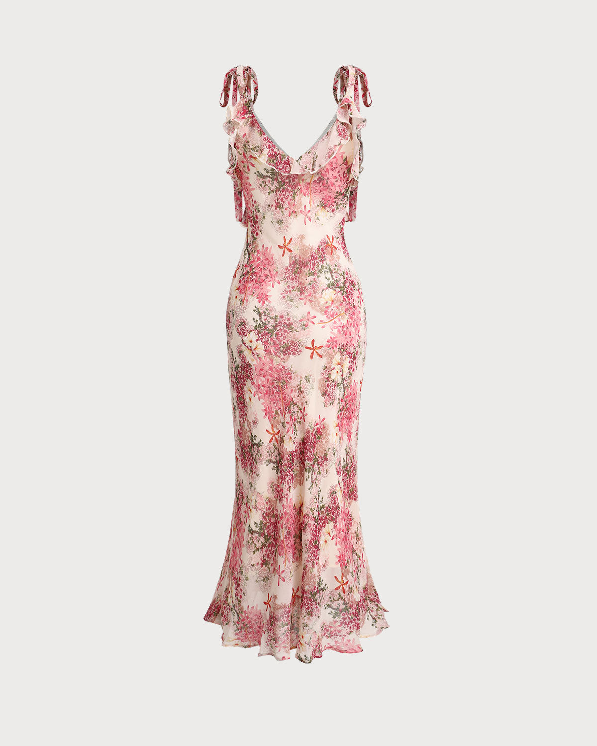 Sueña™ Pembe Çiçekli Fırfırlı Askılı Midi Elbise