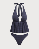 Sueña™ Siyah Derin V Yaka Ekose Tankini Mayo
