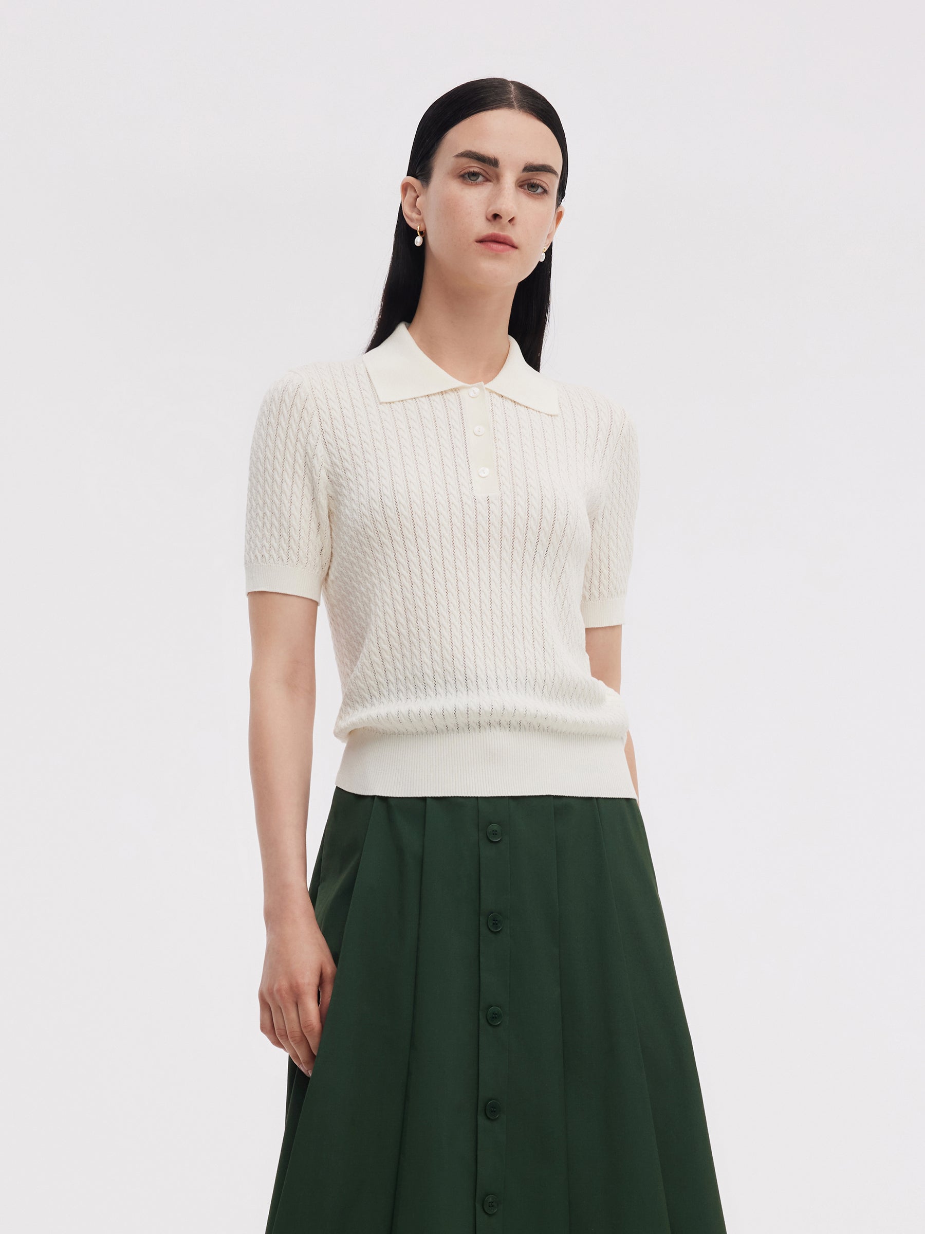 Tencel Karışımlı Ajurlu Kadın Örgü Polo Üst