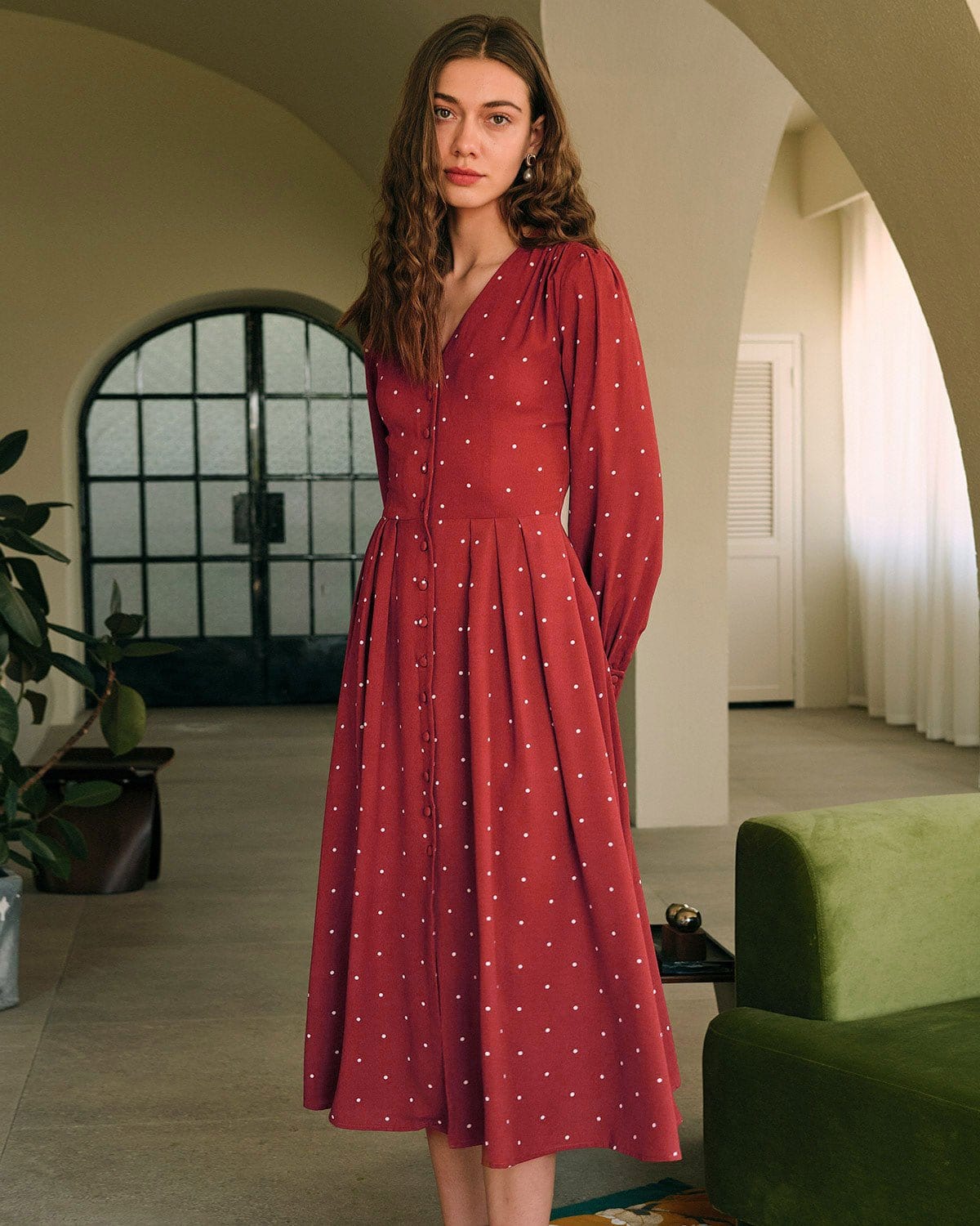 Polka Dot Pileli Midi Elbise