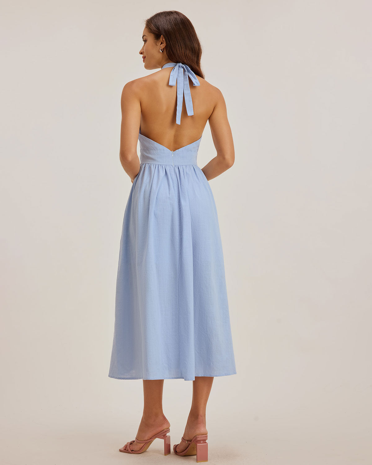 Sueña™ Mavi Halter Pileli Midi Elbise