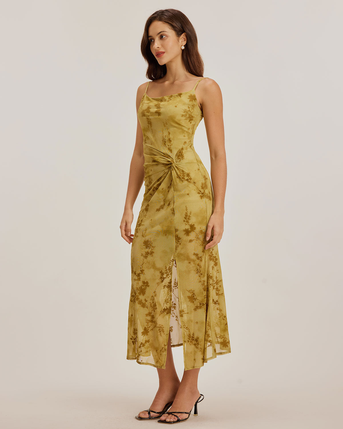 Sueña™ Yeşil Çiçekli Büzgülü Slip Midi Elbise