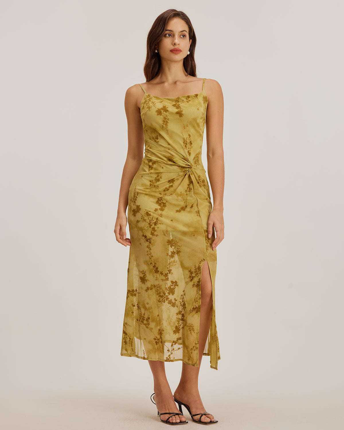 Sueña™ Yeşil Çiçekli Büzgülü Slip Midi Elbise