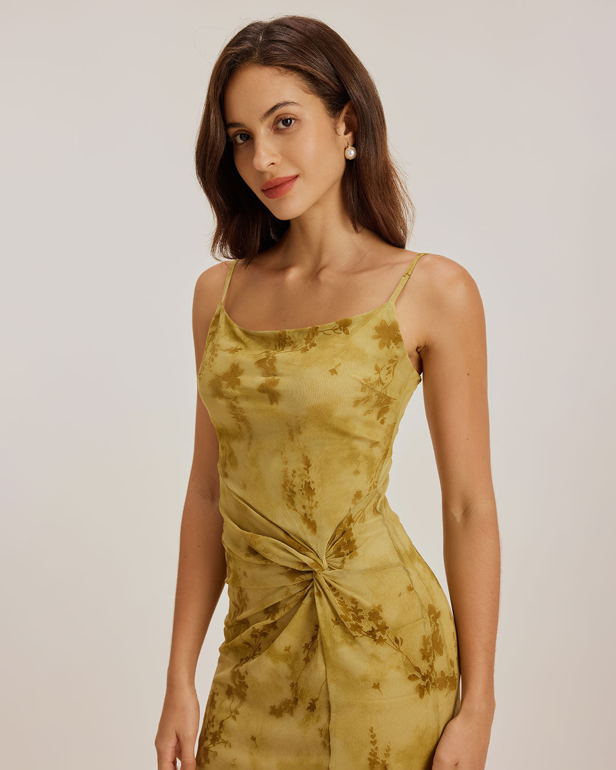 Sueña™ Yeşil Çiçekli Büzgülü Slip Midi Elbise