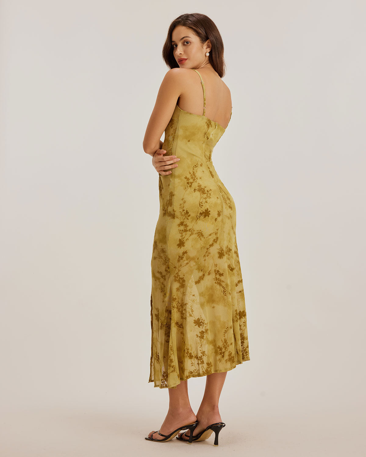 Sueña™ Yeşil Çiçekli Büzgülü Slip Midi Elbise