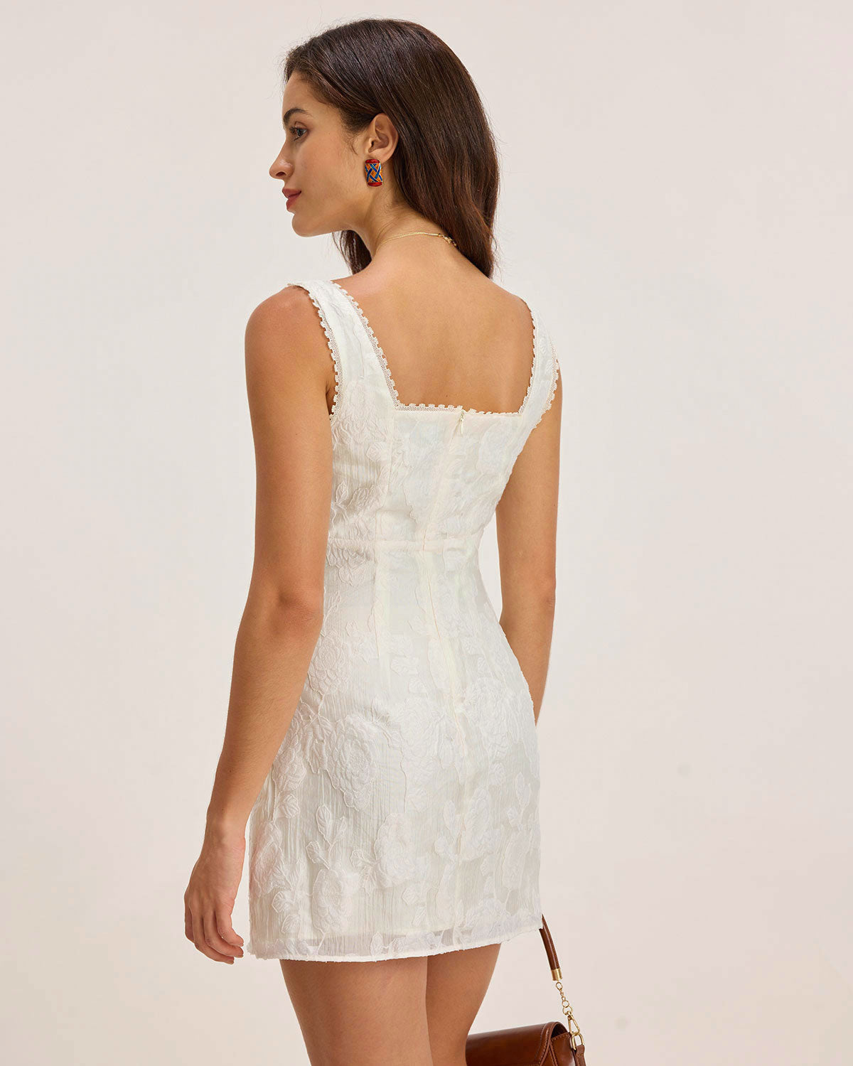 Sueña™ Beyaz Dokulu Kare Yaka Slip Mini Elbise