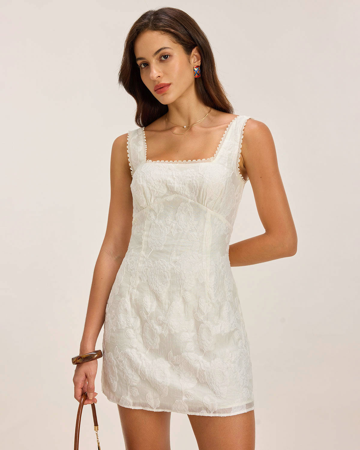 Sueña™ Beyaz Dokulu Kare Yaka Slip Mini Elbise