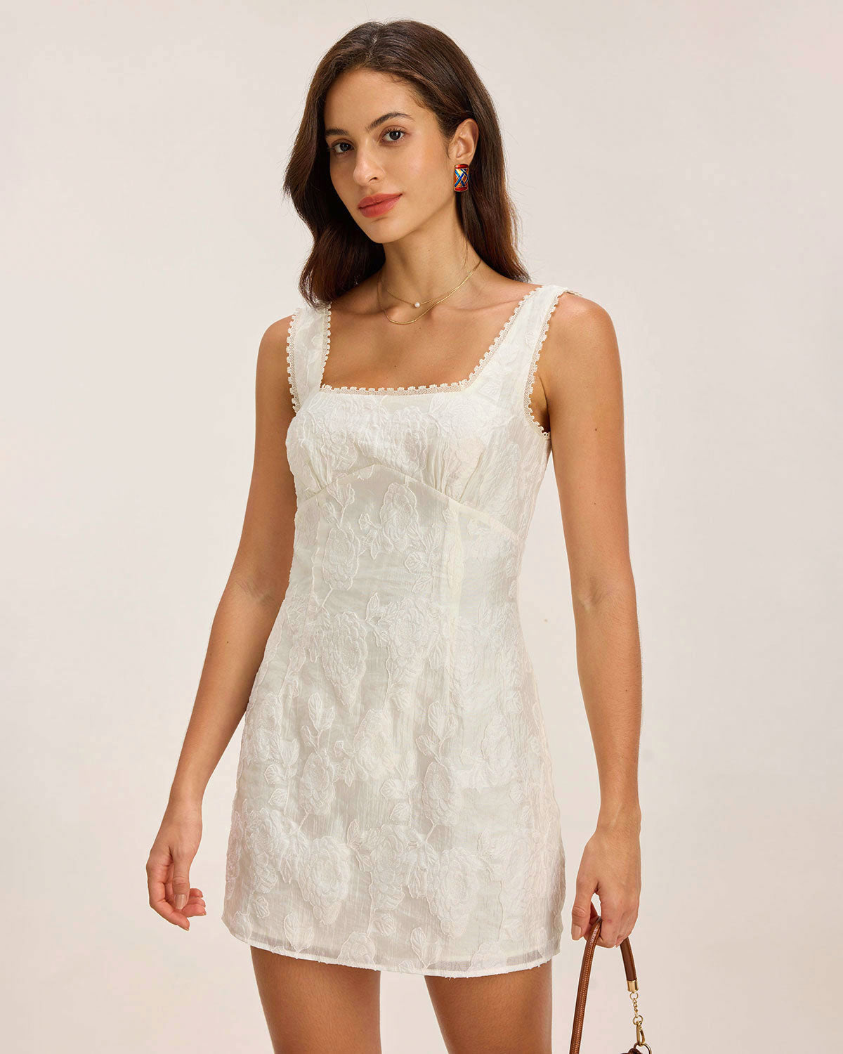 Sueña™ Beyaz Dokulu Kare Yaka Slip Mini Elbise