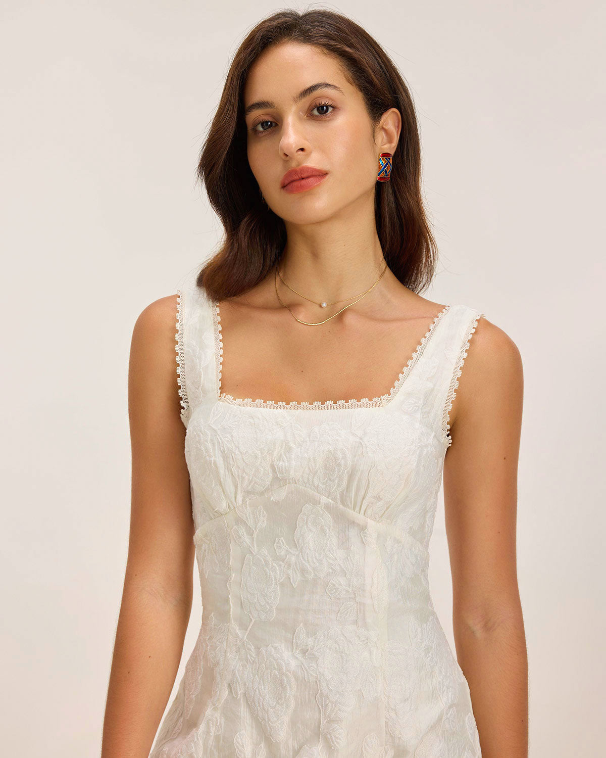 Sueña™ Beyaz Dokulu Kare Yaka Slip Mini Elbise