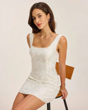 Sueña™ Beyaz Dokulu Kare Yaka Slip Mini Elbise