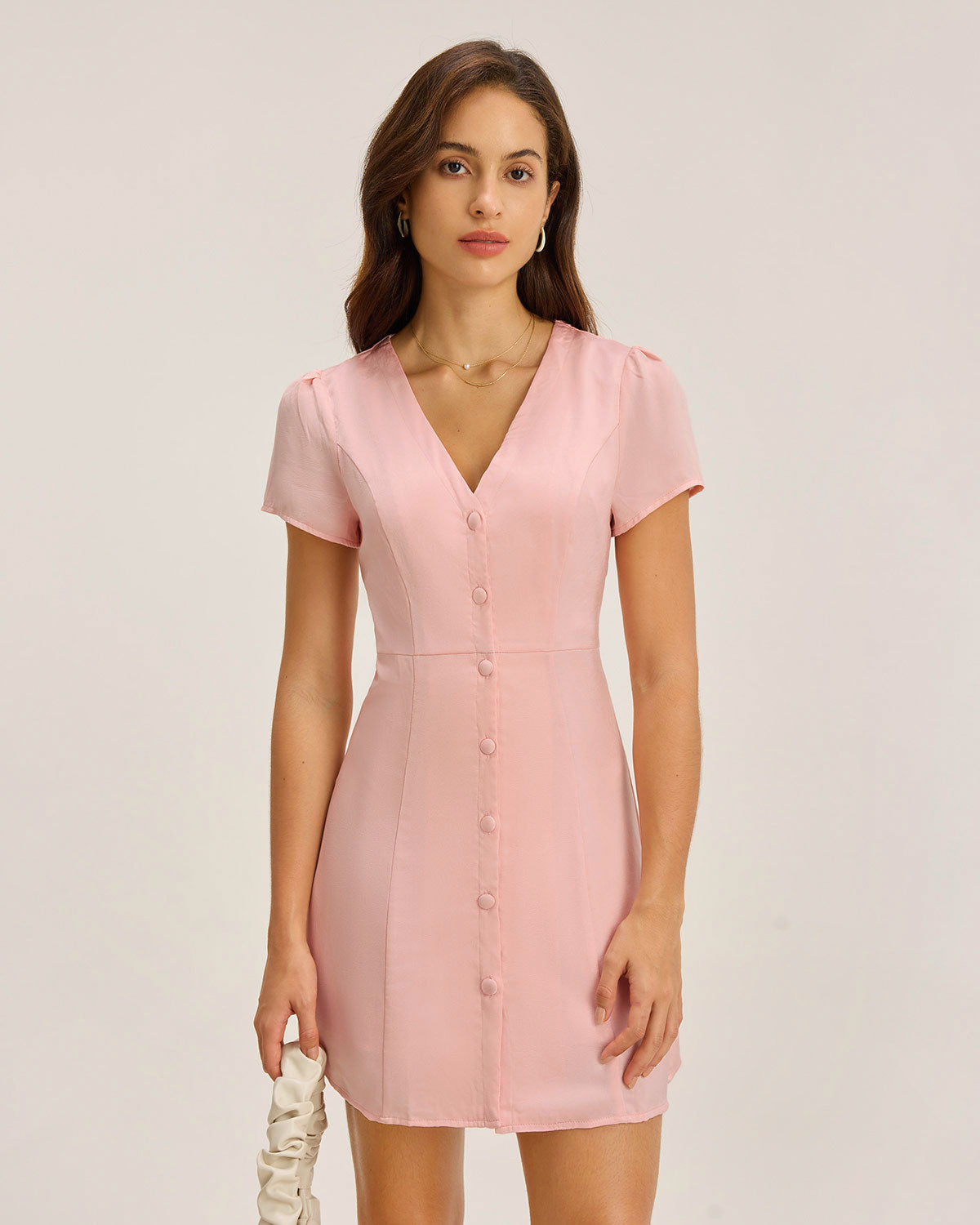 Sueña™ Pembe V Yaka Düğmeli Mini Elbise