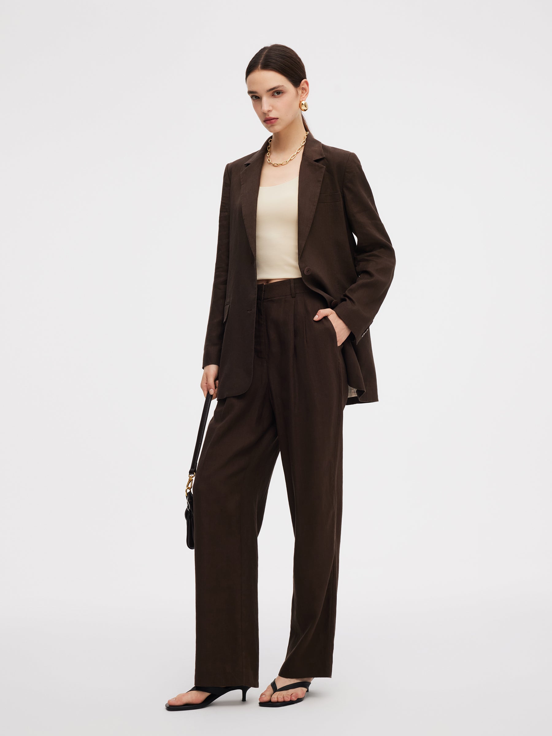 %100 Keten Kadın Bol Kesim Blazer