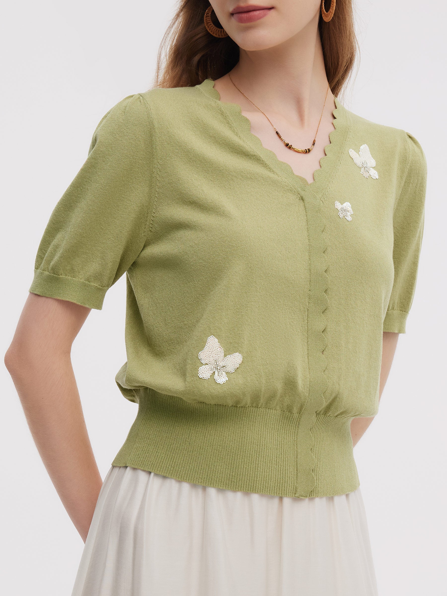 Tencel Karışımlı Kelebek İşlemeli Kadın Örgü Üst