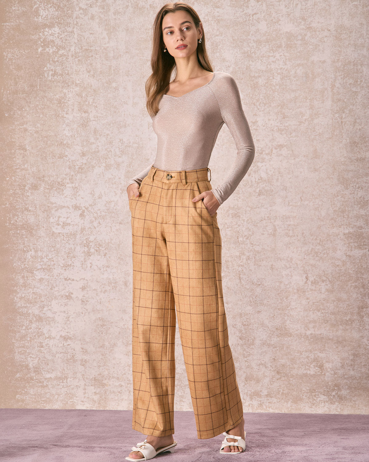 Sueña™ Haki Yüksek Bel Ekose Geniş Paça Pantolon