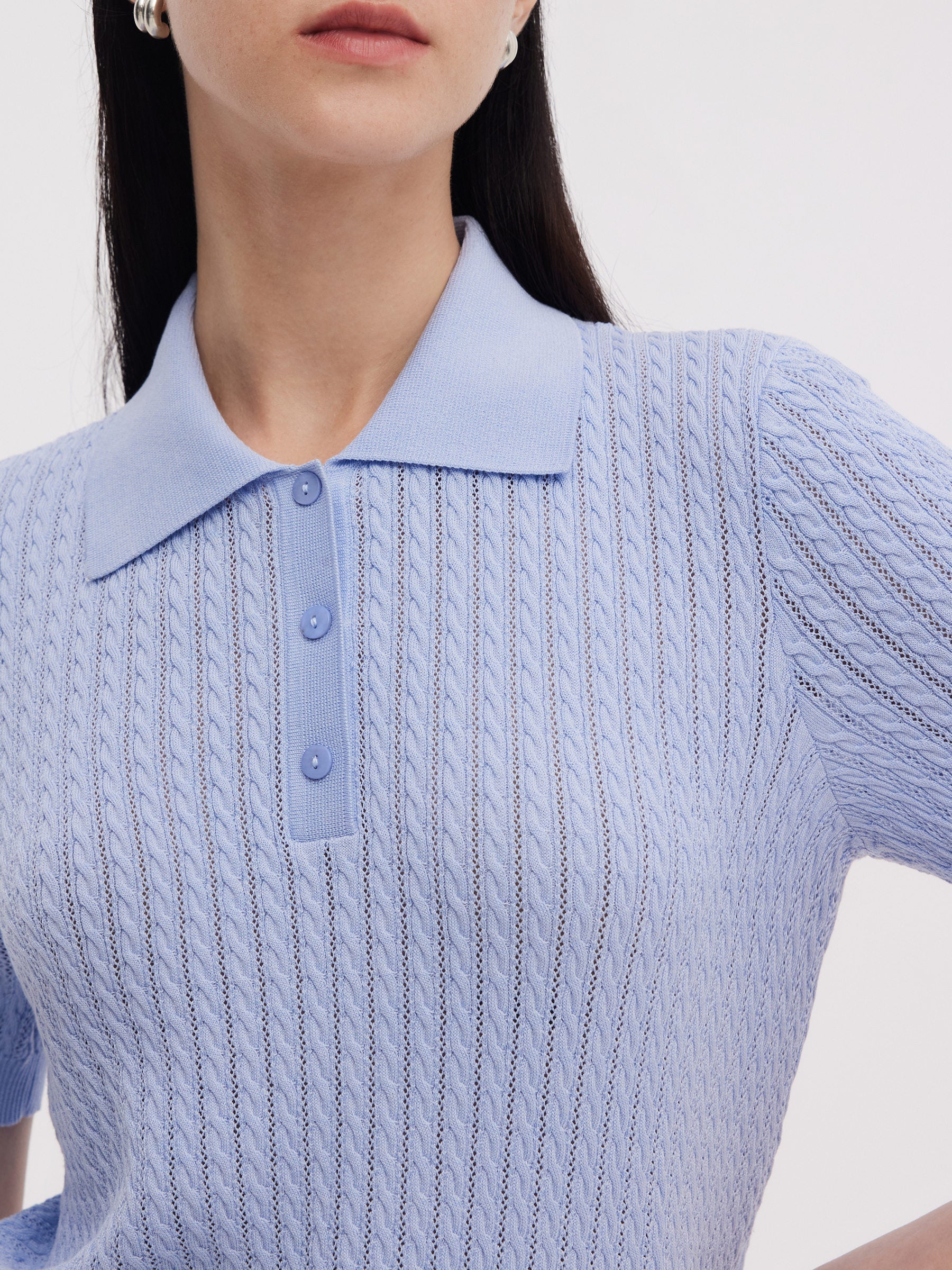 Tencel Karışımlı Ajurlu Kadın Örgü Polo Üst