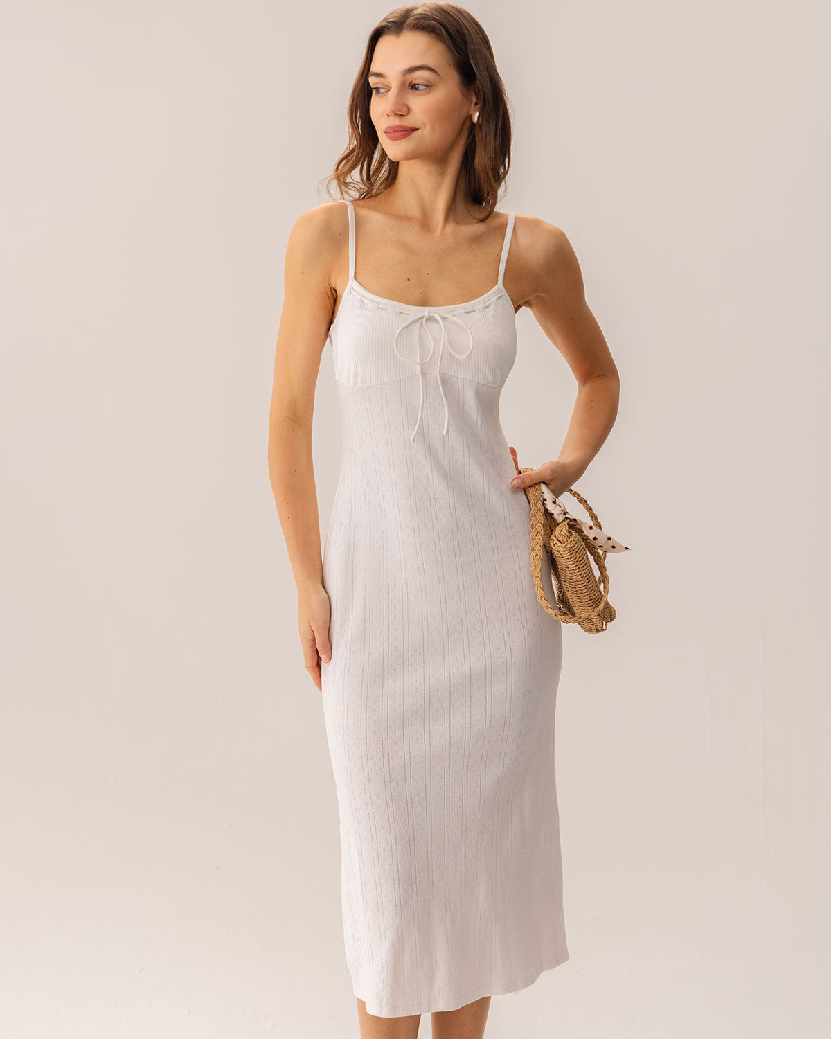 Sueña™ Beyaz Bodycon Yırtmaçlı Slip Midi Elbise