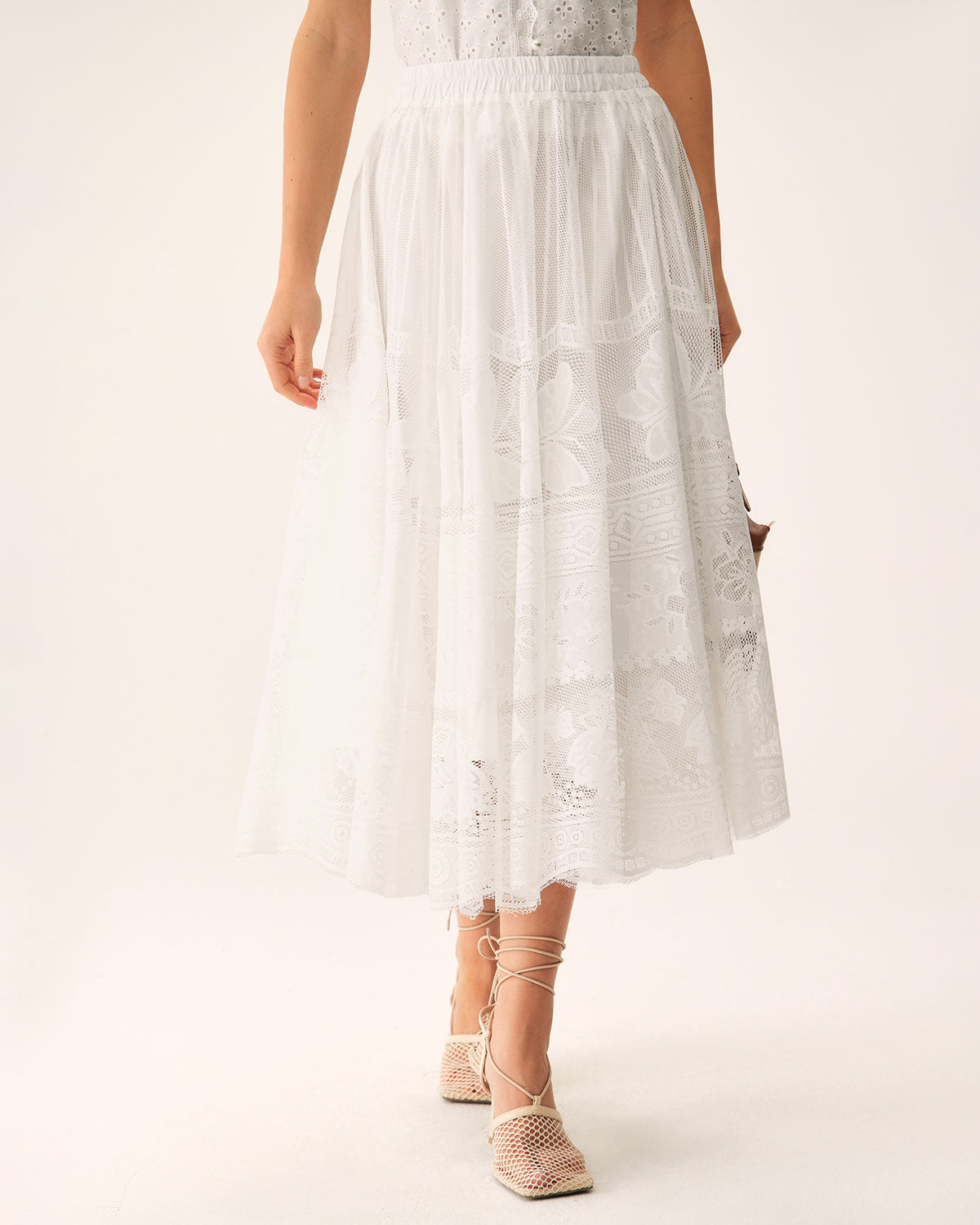 Sueña™ Beyaz Beli Lastikli Midi Etek