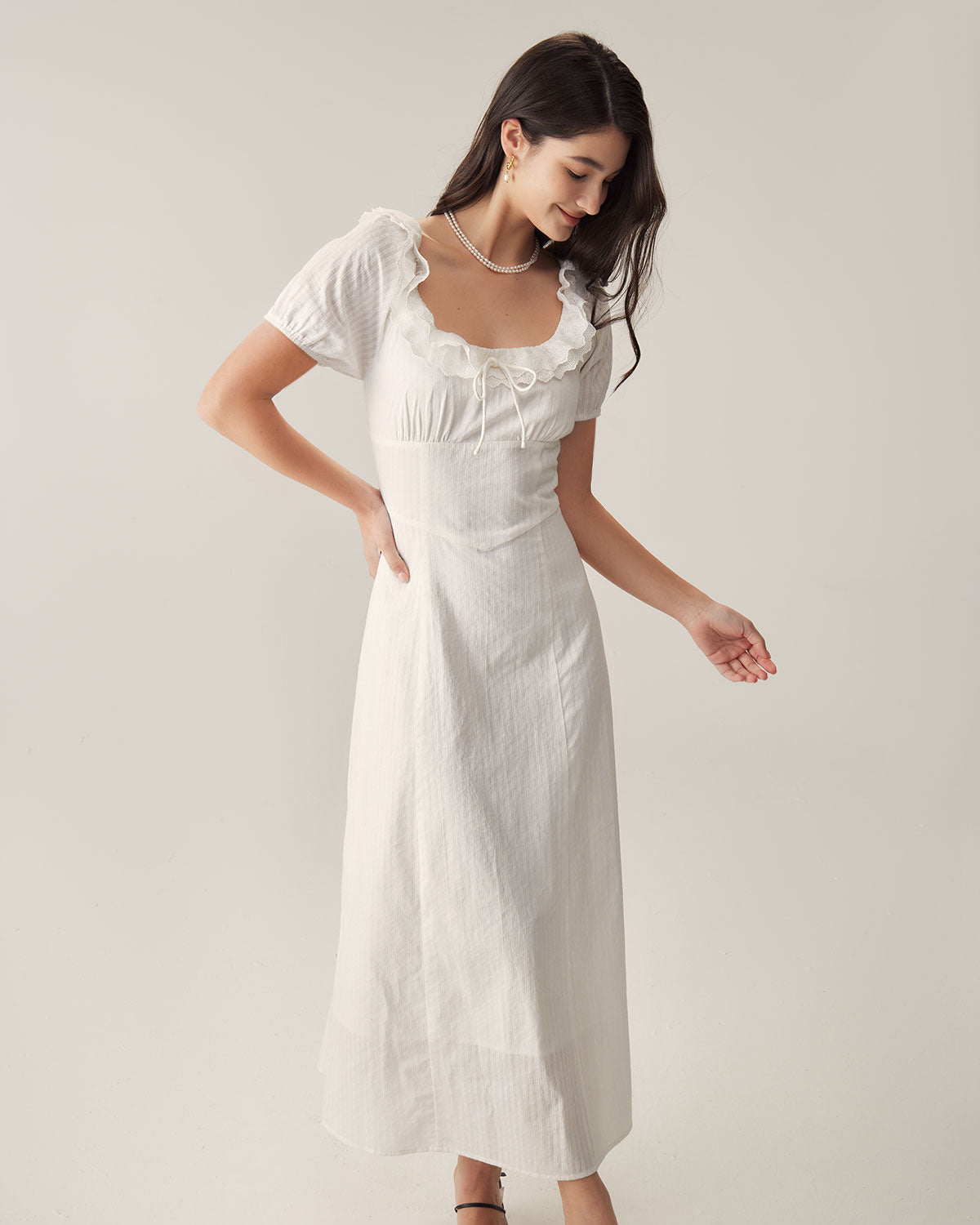 Sueña™ Beyaz Nakışlı Kabarık Kol Maxi Elbise