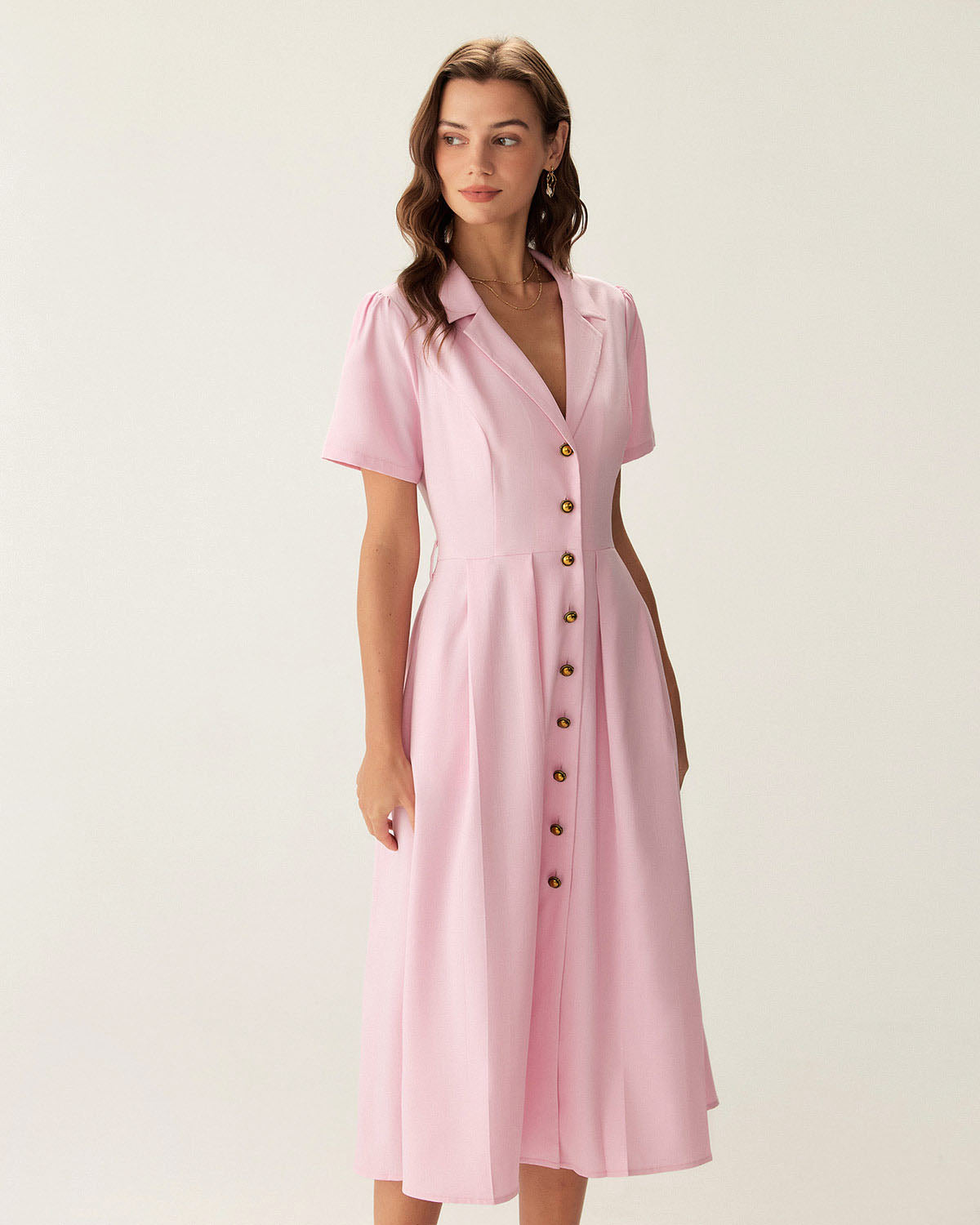 Sueña™ Pembe V Yaka Pileli Düğmeli Midi Elbise