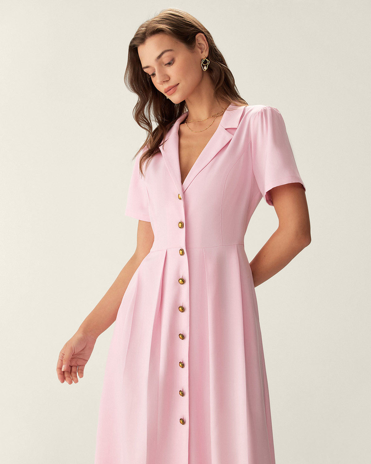 Sueña™ Pembe V Yaka Pileli Düğmeli Midi Elbise