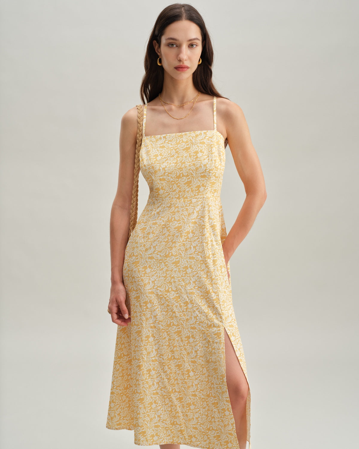 Sueña™ Sarı Çiçekli Sırtı Açık Slip Midi Elbise