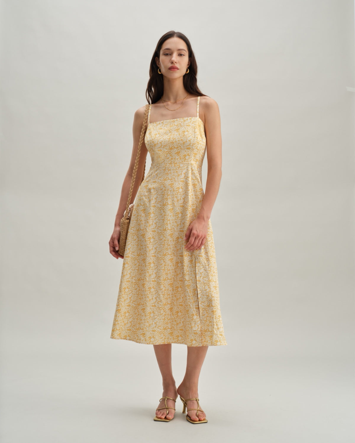 Sueña™ Sarı Çiçekli Sırtı Açık Slip Midi Elbise