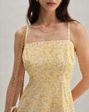 Sueña™ Sarı Çiçekli Sırtı Açık Slip Midi Elbise