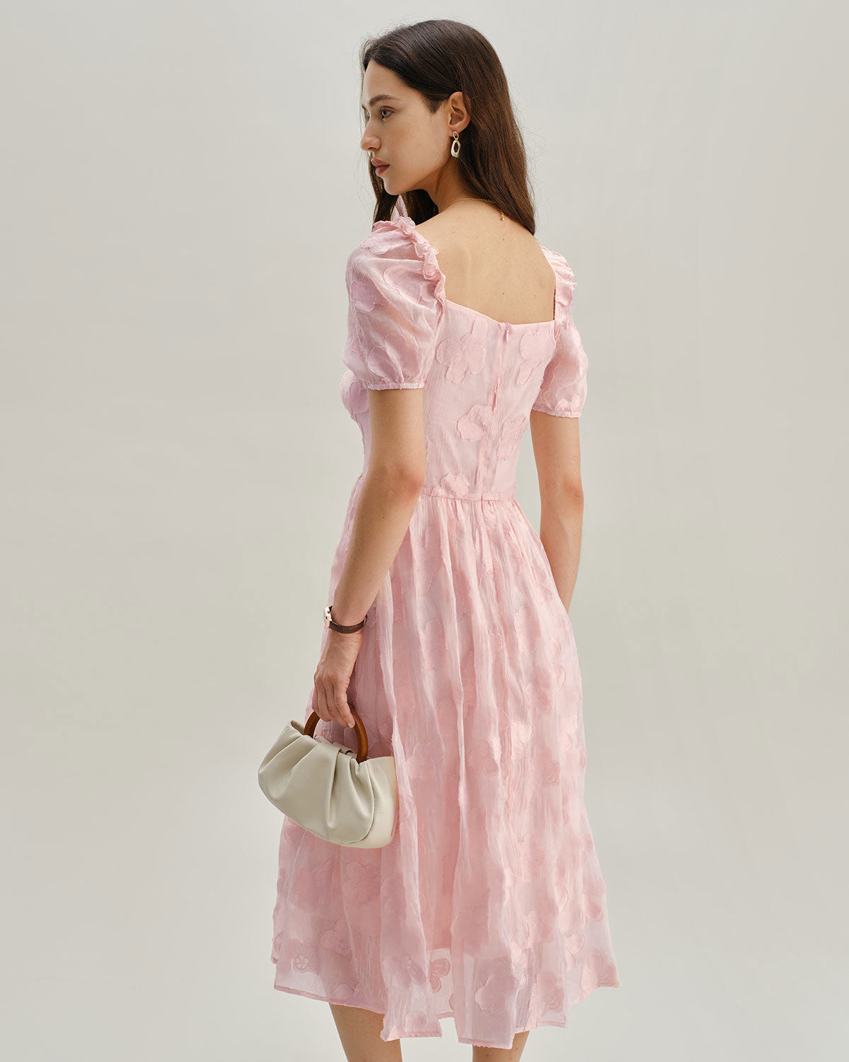 Sueña™ Pembe Kare Yaka Kabarık Kollu Midi Elbise