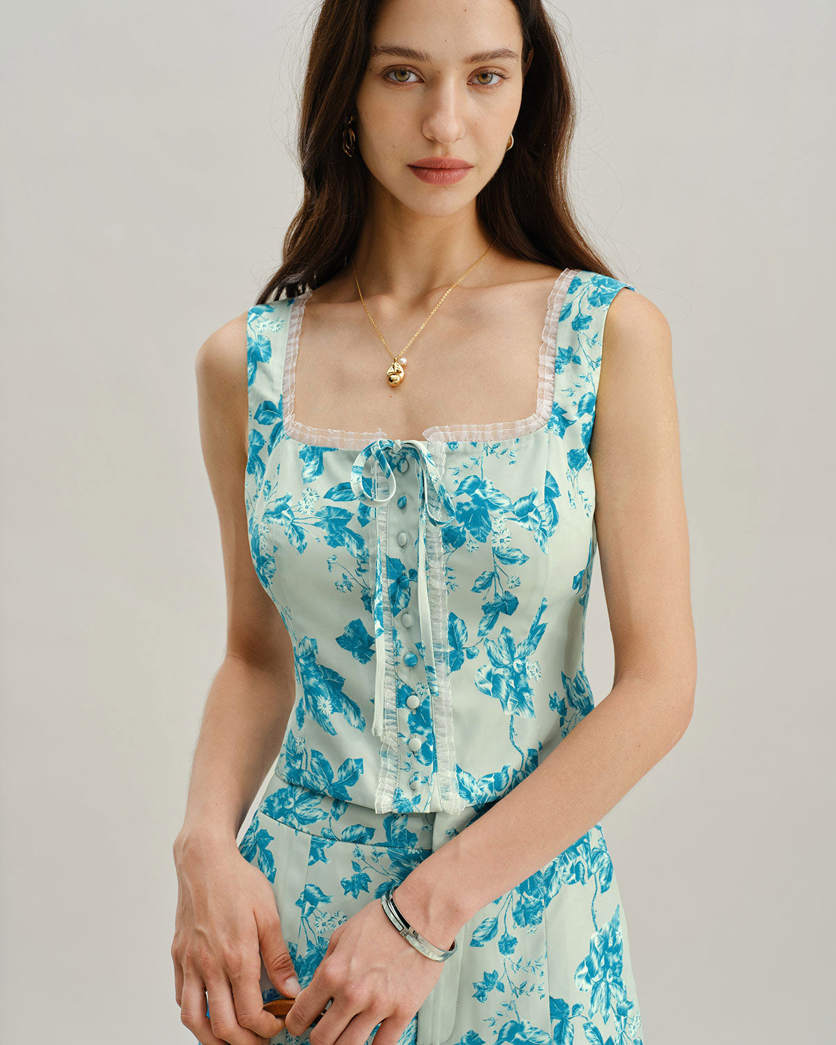 Sueña™ Mavi Çiçekli Kare Tank Top