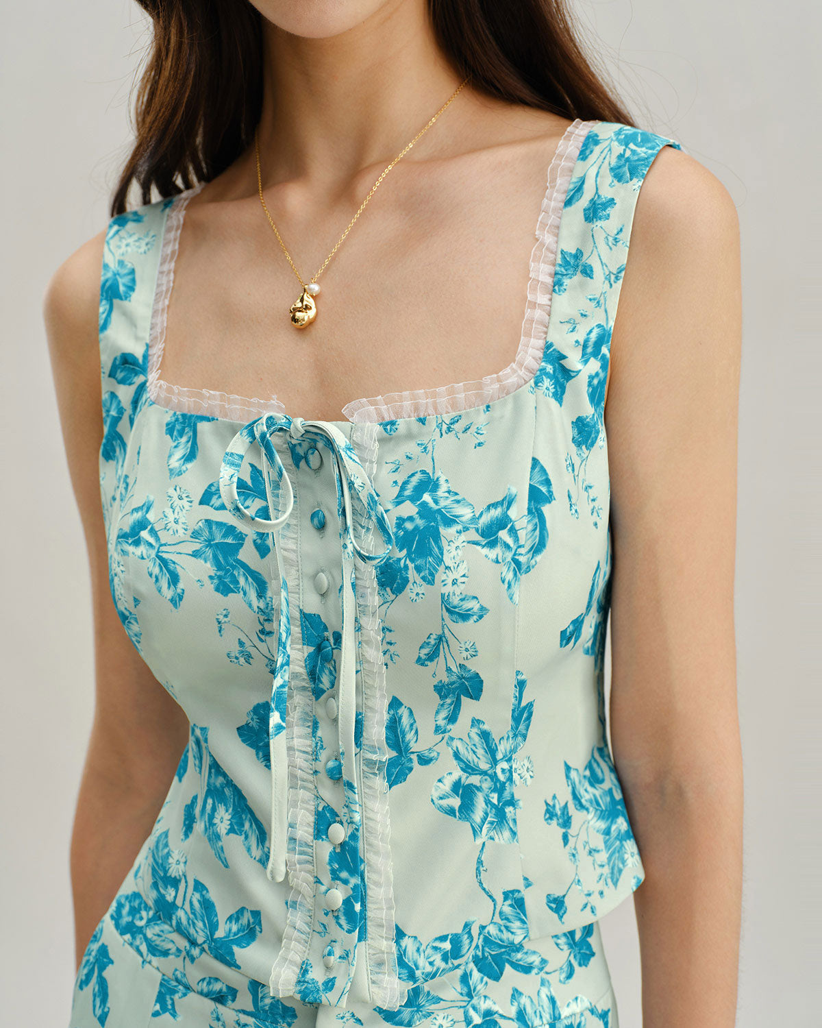 Sueña™ Mavi Çiçekli Kare Tank Top