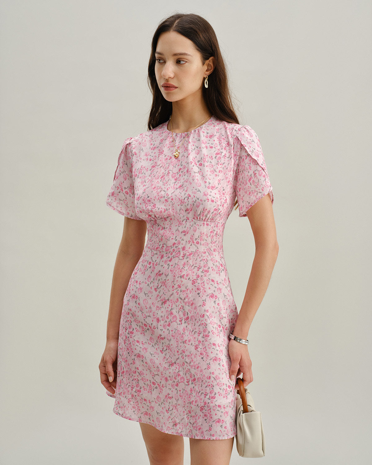 Sueña™ Pembe Çiçekli Yuvarlak Yaka Pileli Mini Elbise