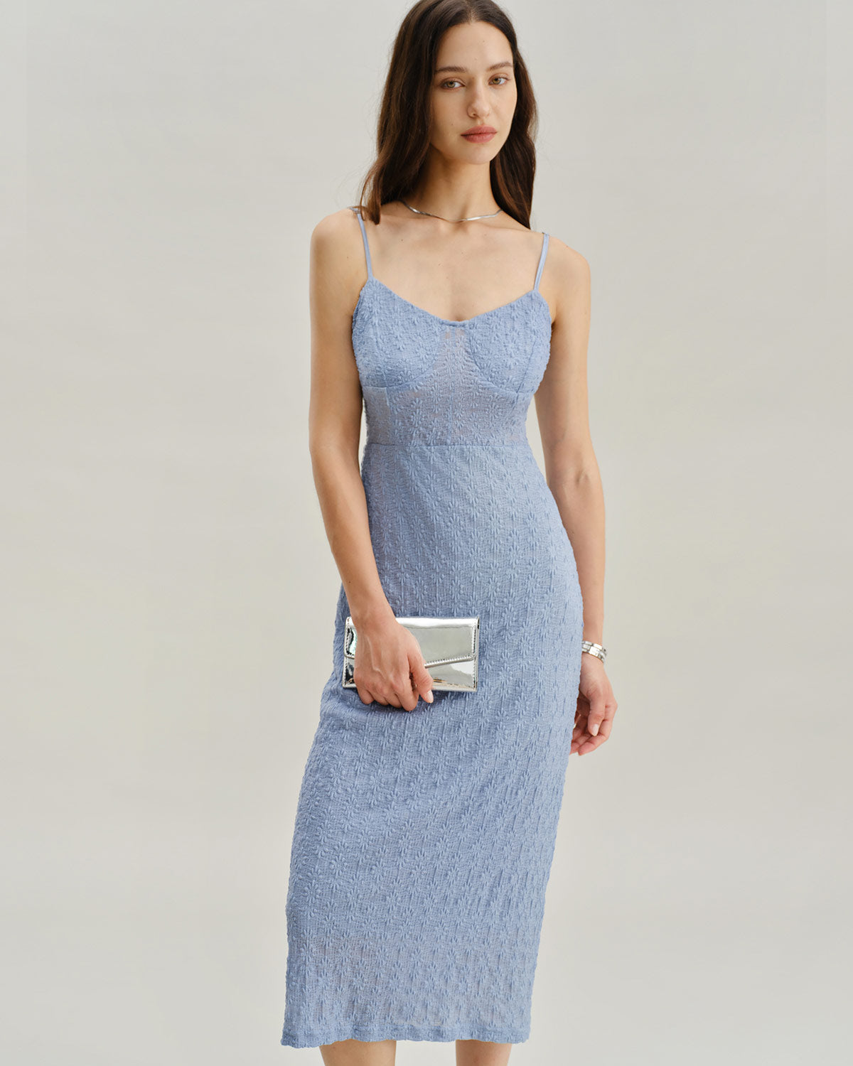 Sueña™ Mavi Dantel Slip Vücuda Oturan Midi Elbise