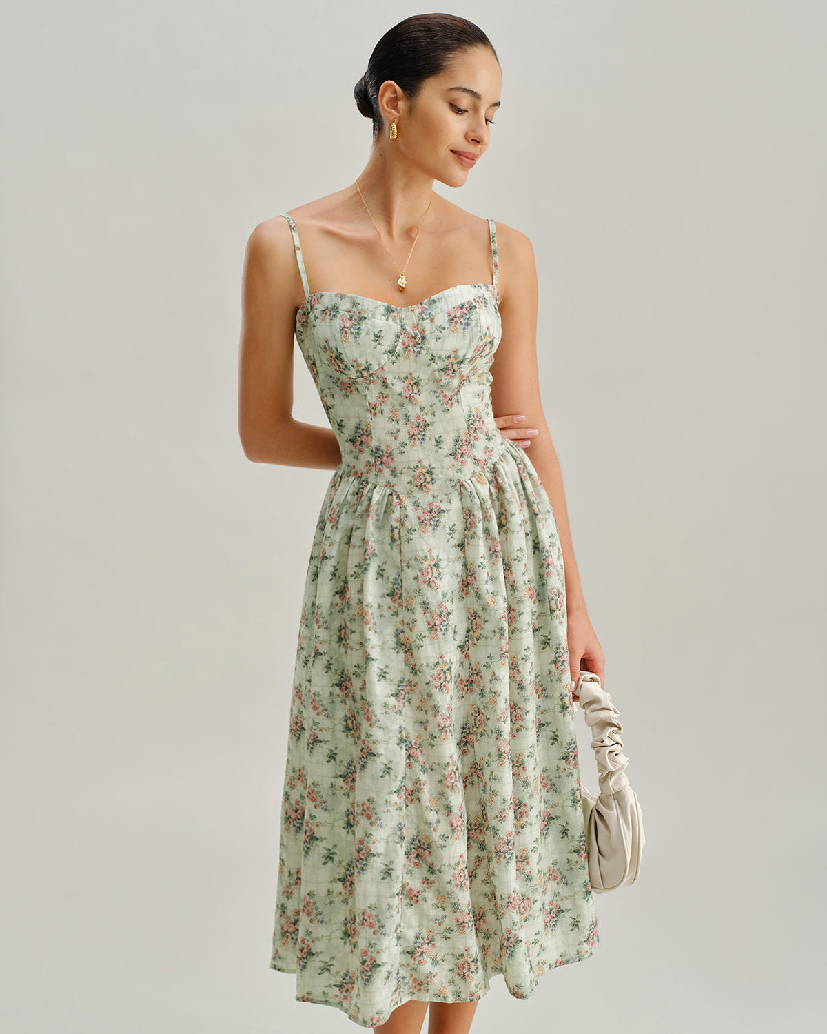 Sueña™ Yeşil Çiçekli Kalp Yaka Pileli Slip Midi Elbise