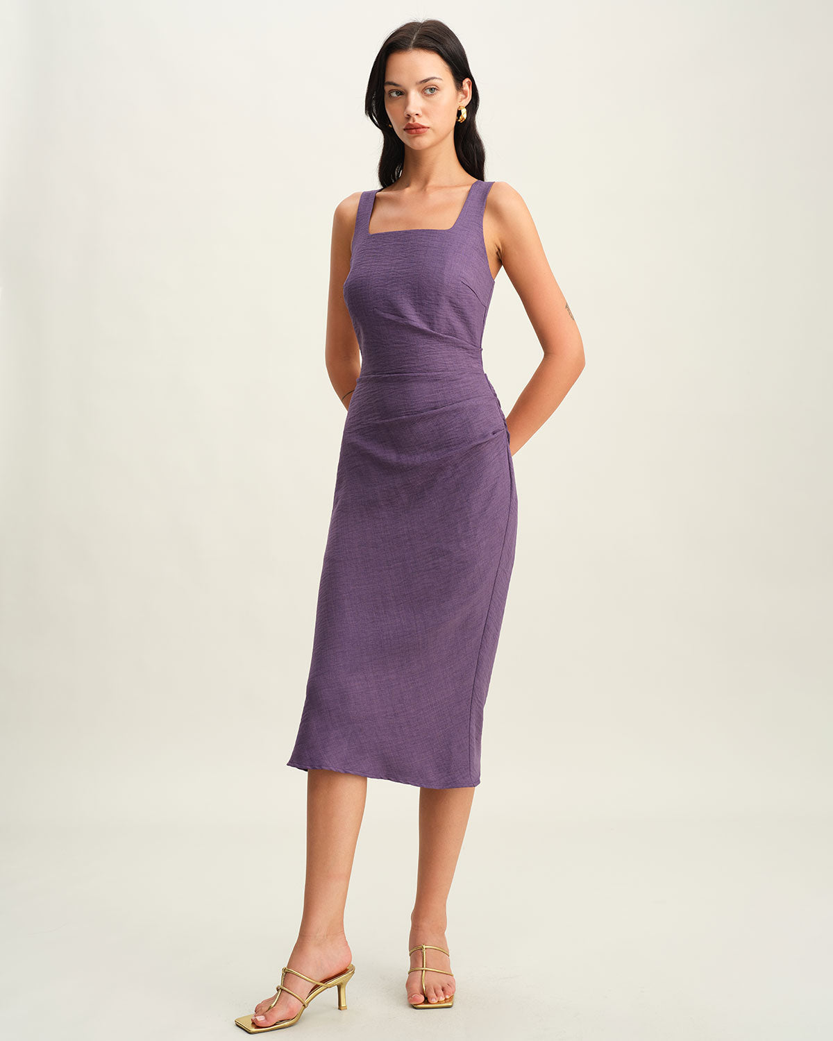 Sueña Mor Kare Yaka Slip Midi Elbise