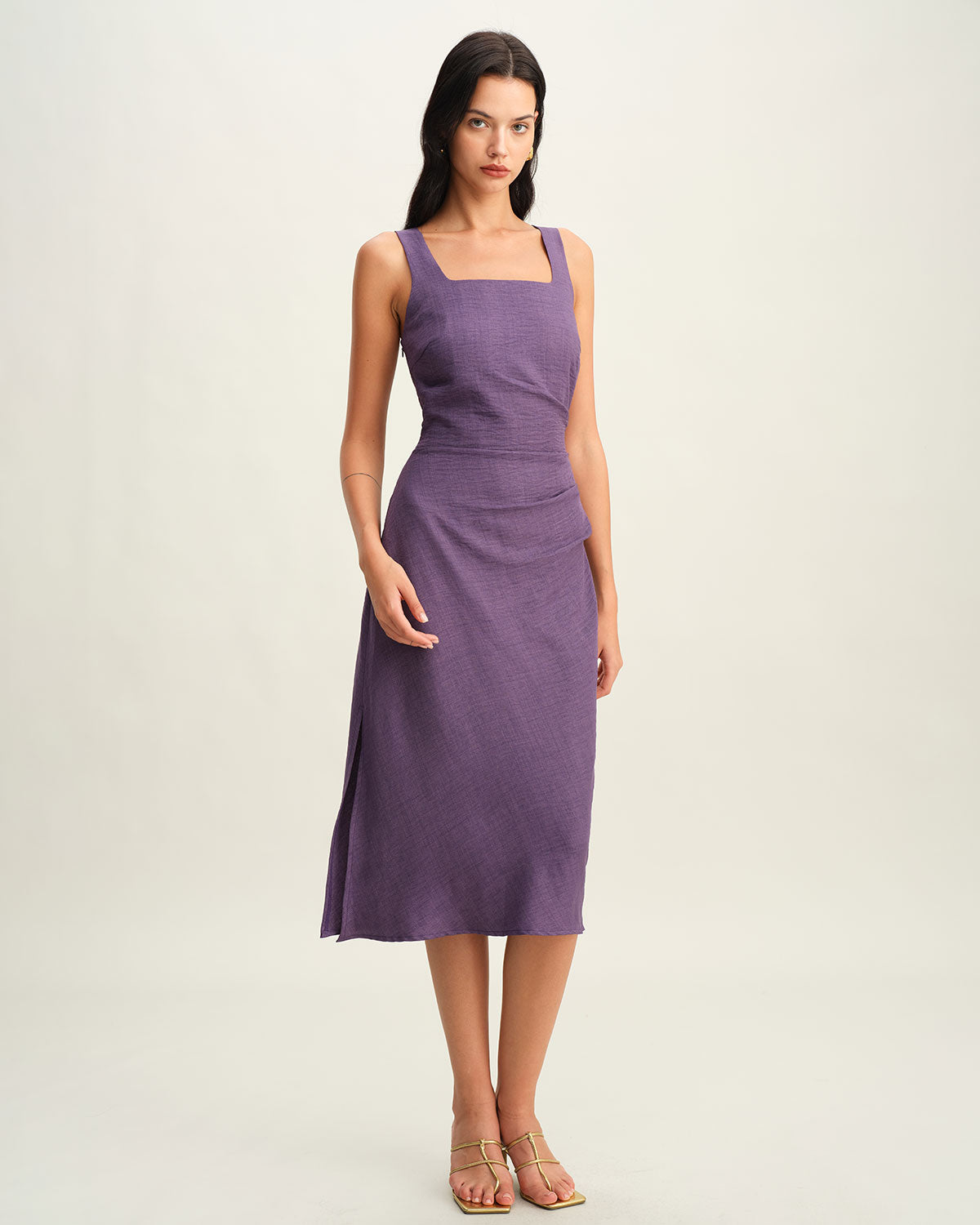 Sueña Mor Kare Yaka Slip Midi Elbise