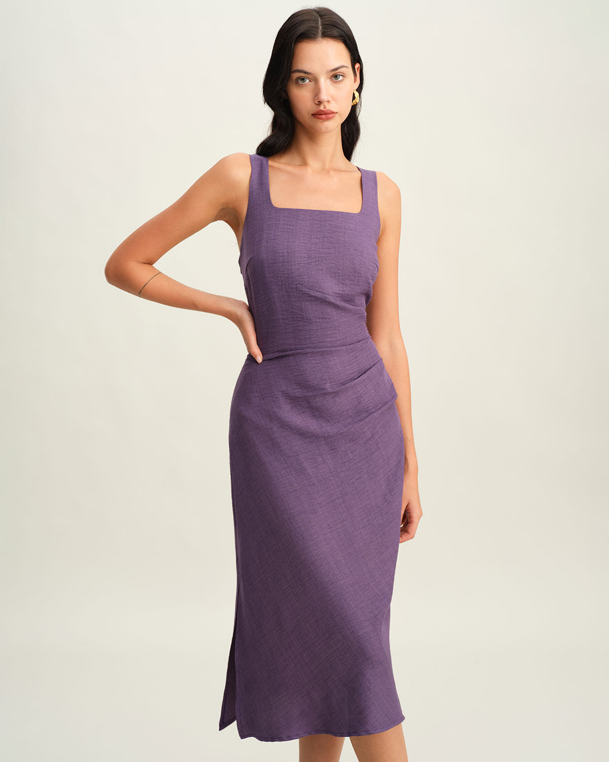 Sueña Mor Kare Yaka Slip Midi Elbise