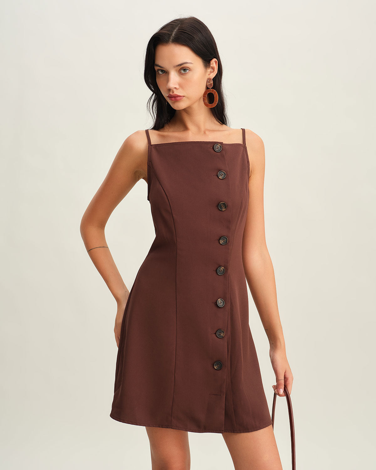 Sueña™ Kahverengi Düğmeli Pileli Slip Mini Elbise