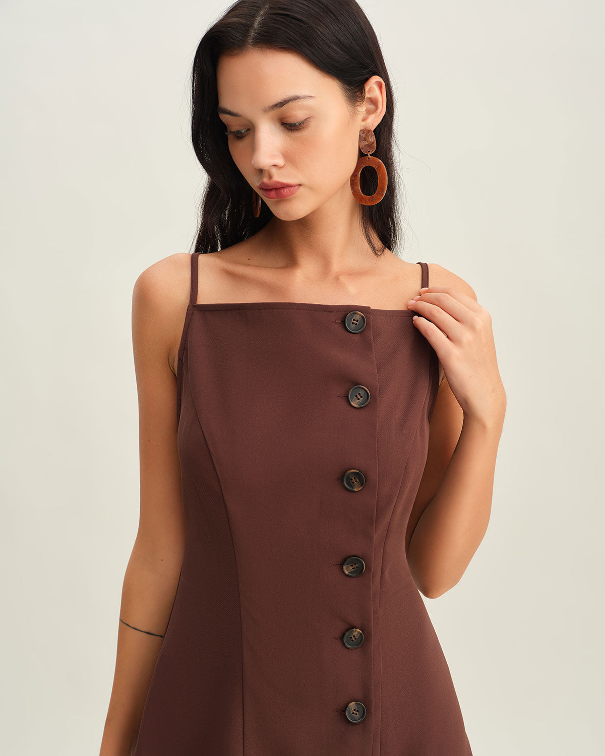 Sueña™ Kahverengi Düğmeli Pileli Slip Mini Elbise