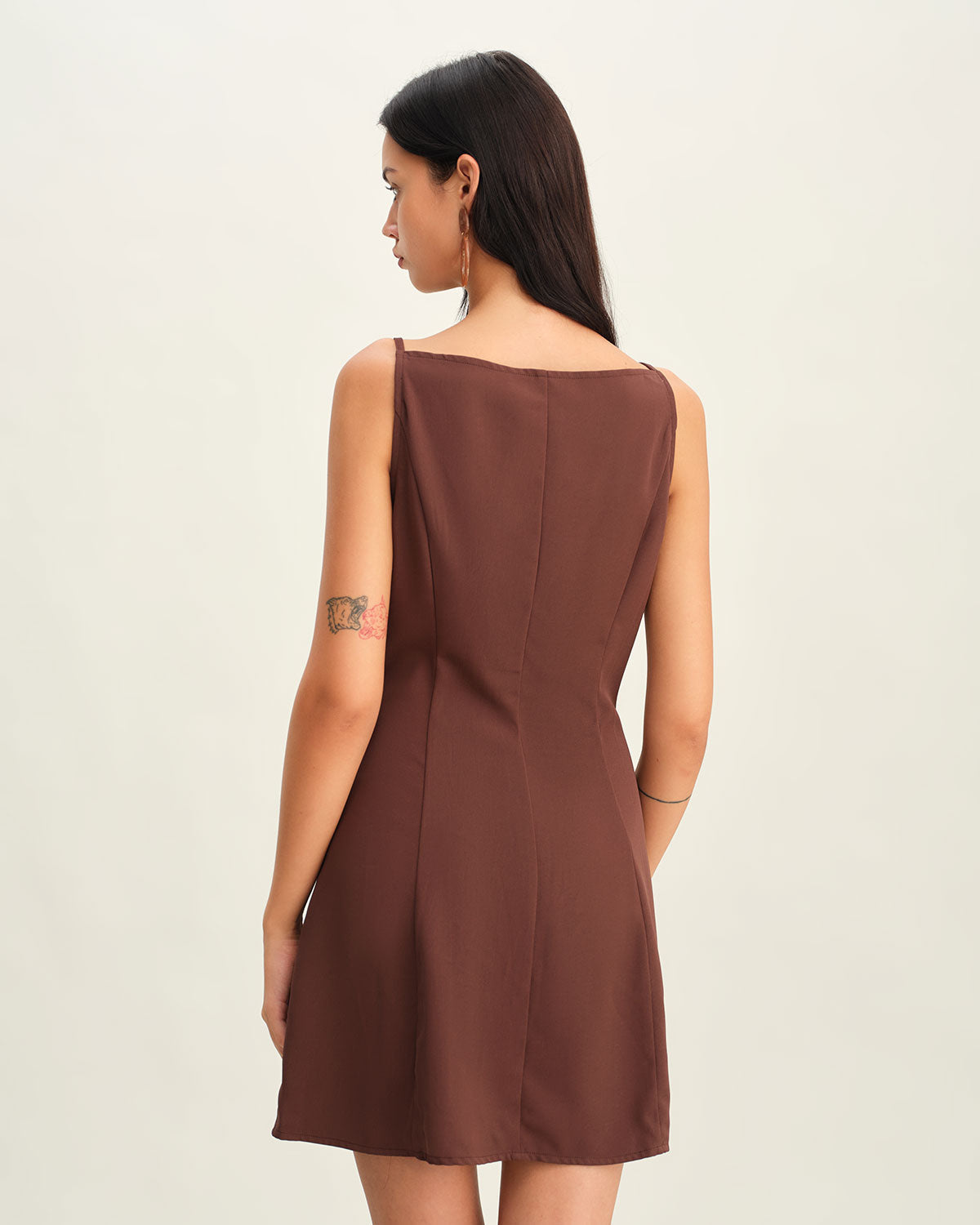 Sueña™ Kahverengi Düğmeli Pileli Slip Mini Elbise
