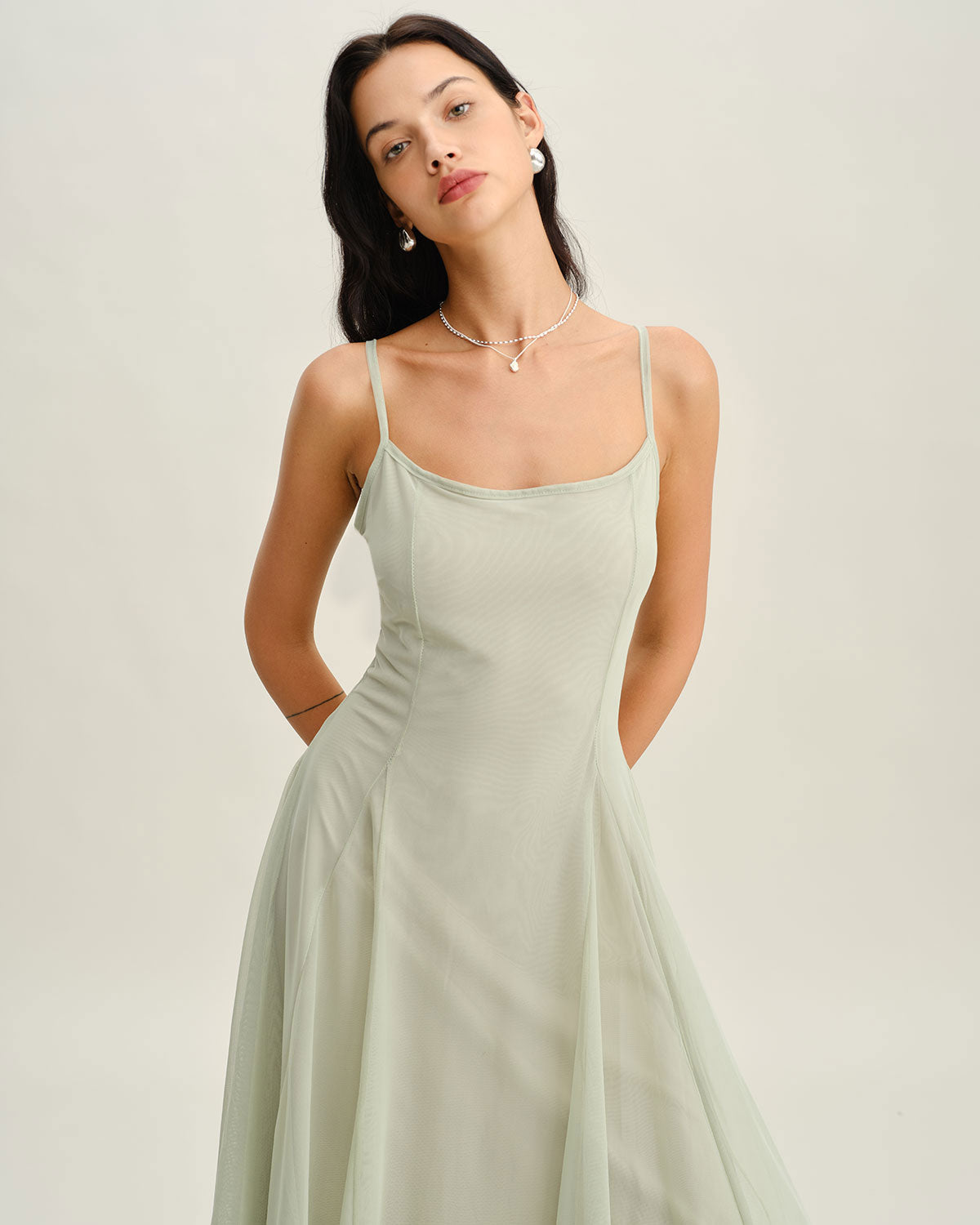 Sueña™ Yeşil A Kesim Slip Plise Midi Elbise