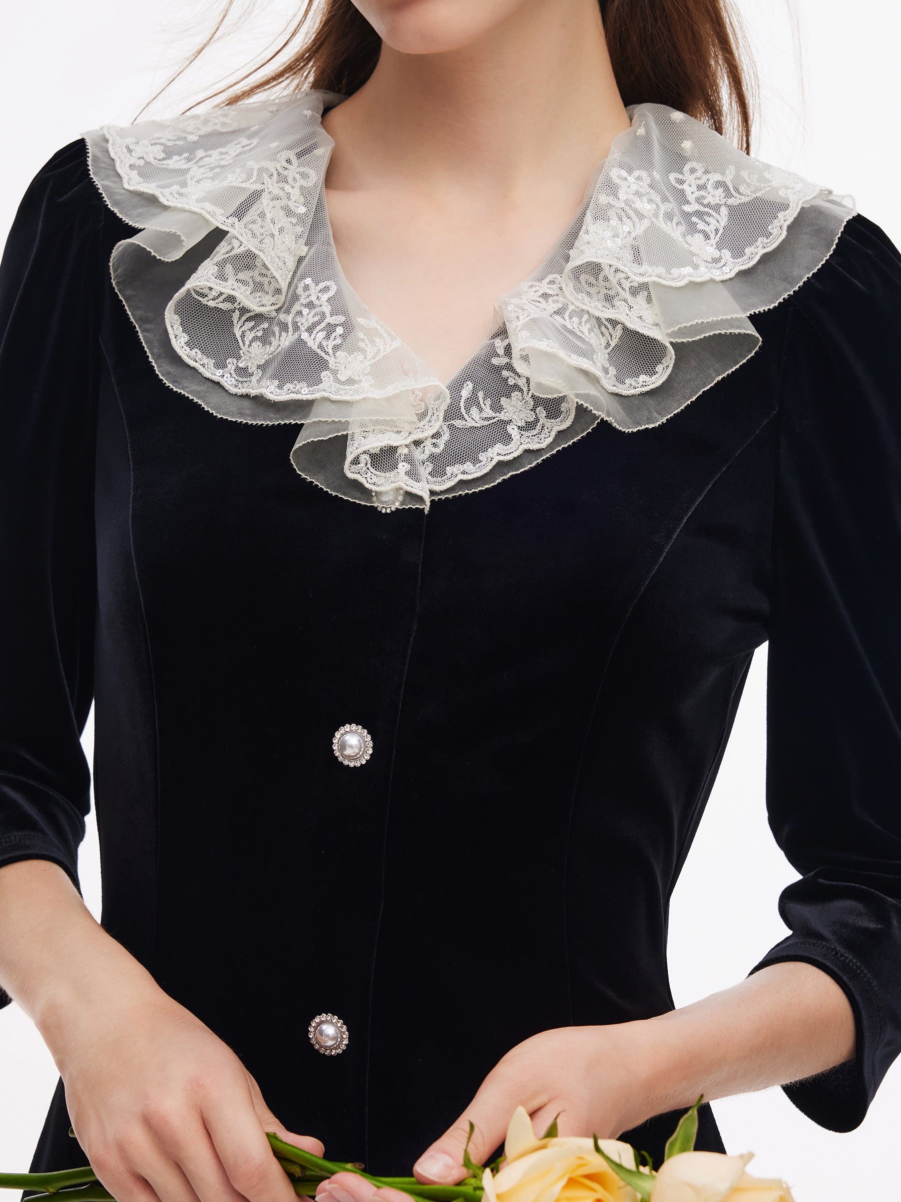 Kadife Patchwork İşlemeli Yaka Kadın Mini Elbise