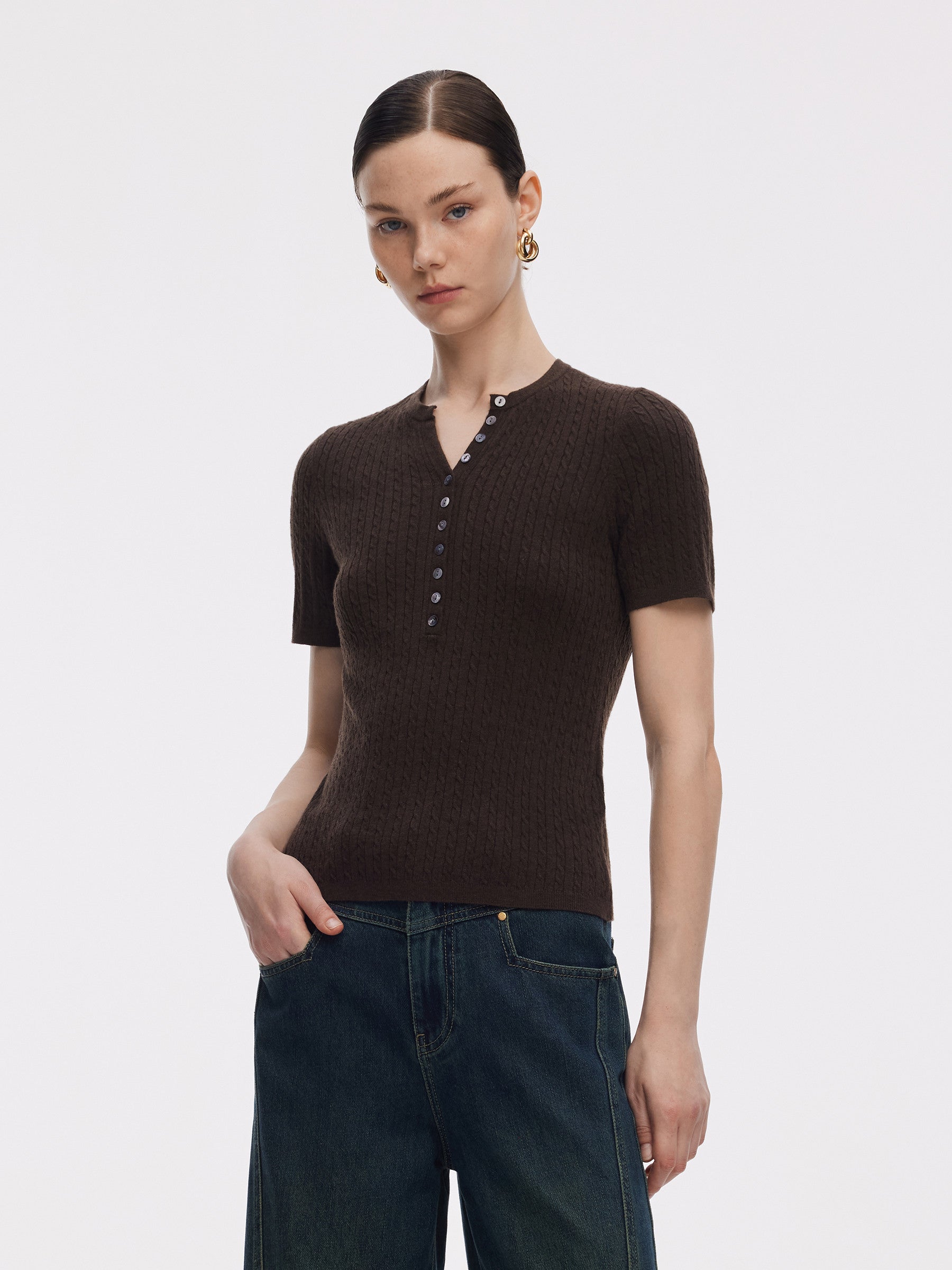 Henley Yaka Kadın Örgü Üst