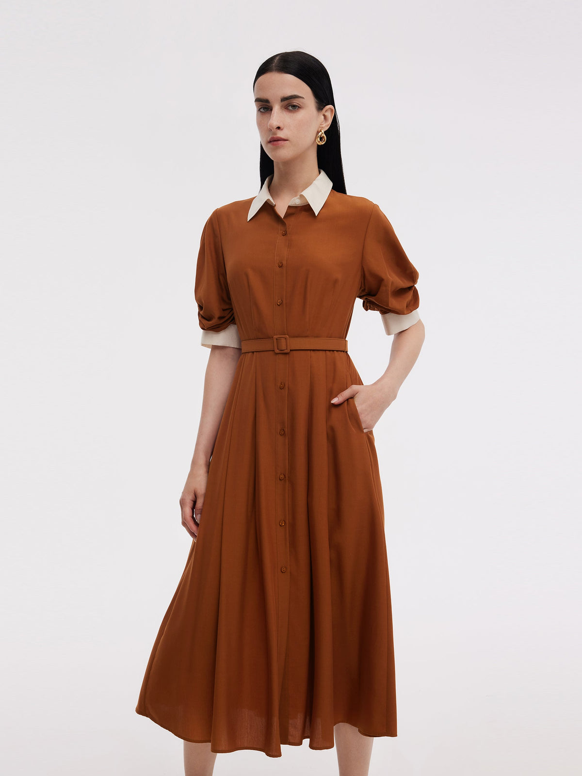Tencel Asetat Karışımlı Renk Bloklu Kadın Midi Elbise