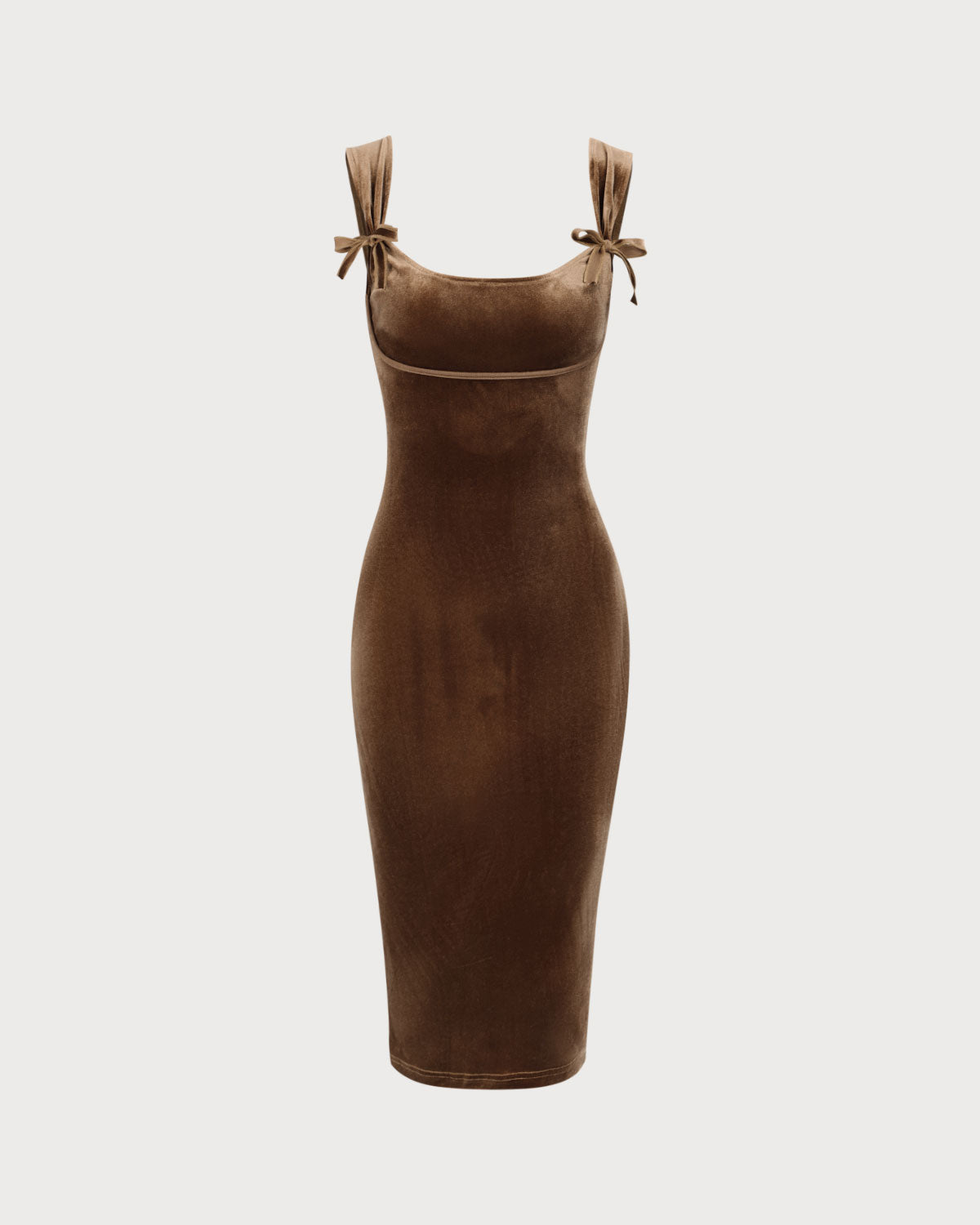 Sueña Kahverengi Kadife Bodycon Midi Elbise