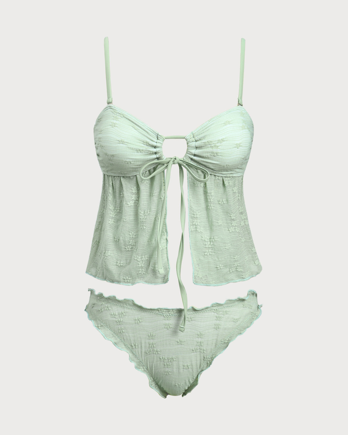 Sueña™ Yeşil Örme Kesikli Önden Bağlamalı Tankini Mayo